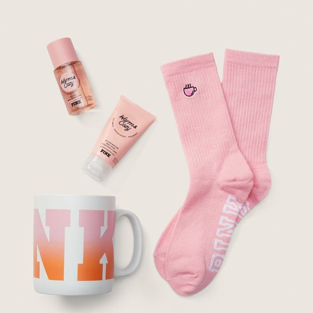 VICTORIA'S SECRET 'PINK' MUG GIFT SET 'WARM & COZY' MIST, LOTION, SOCKS, & MUG